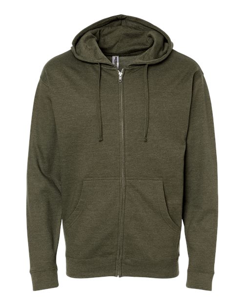 Independent Trading Co. Midweight Full-Zip Hooded Sweatshirt SS4500Z Army Heather Custom Embroidered Business Logo