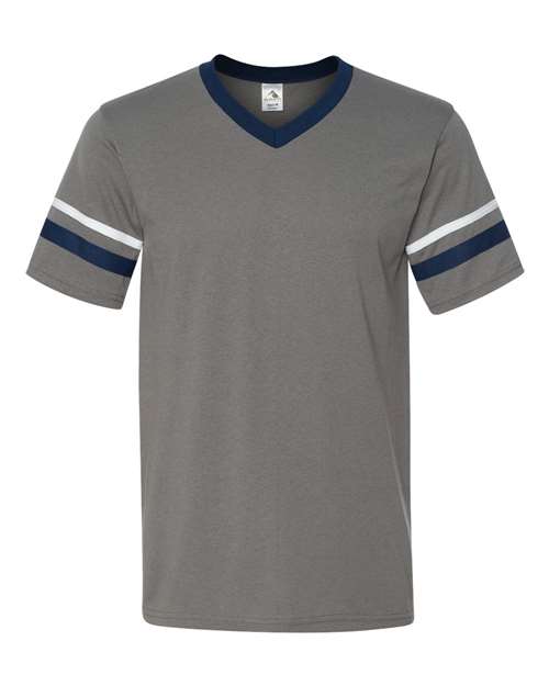 Augusta Sportswear V-Neck Jersey with Striped Sleeves 360 Graphite/ Navy/ White
