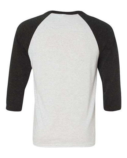 BELLA + CANVAS Three-Quarter Sleeve Baseball Tee 3200 White Fleck/ Charcoal Triblend Custom Embroidered Business Logo