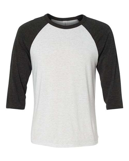BELLA + CANVAS Three-Quarter Sleeve Baseball Tee 3200 White Fleck/ Charcoal Triblend Custom Embroidered Business Logo