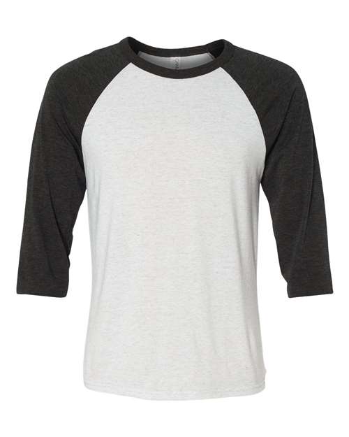 BELLA + CANVAS Three-Quarter Sleeve Baseball Tee 3200 White Fleck/ Charcoal Triblend Custom Embroidered Business Logo
