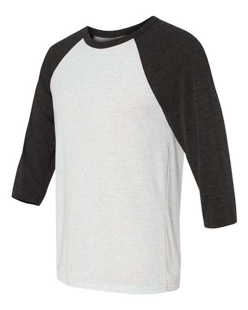 BELLA + CANVAS Three-Quarter Sleeve Baseball Tee 3200 White Fleck/ Charcoal Triblend Custom Embroidered Business Logo