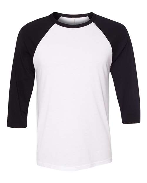 BELLA + CANVAS Three-Quarter Sleeve Baseball Tee 3200 White/ Black Custom Embroidered Business Logo