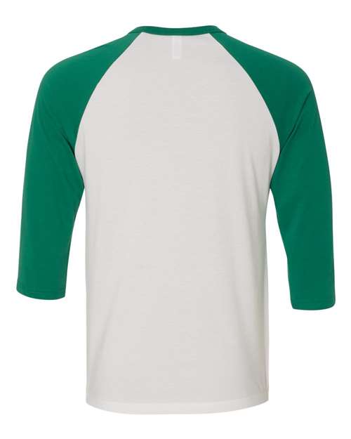 BELLA + CANVAS Three-Quarter Sleeve Baseball Tee 3200 White/ Denim Custom Embroidered Business Logo