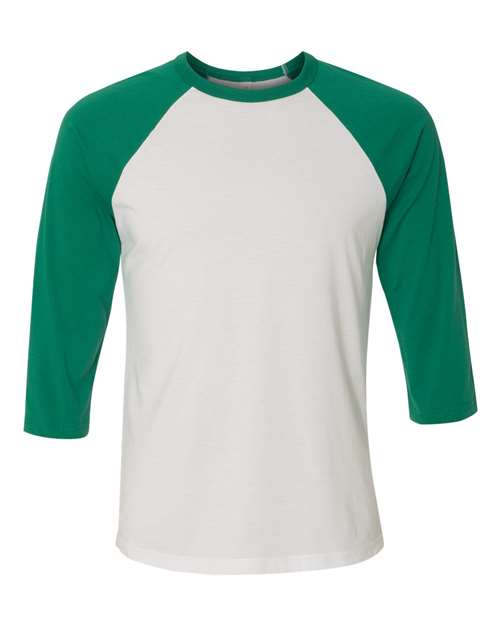 BELLA + CANVAS Three-Quarter Sleeve Baseball Tee 3200 White/ Kelly Custom Embroidered Business Logo