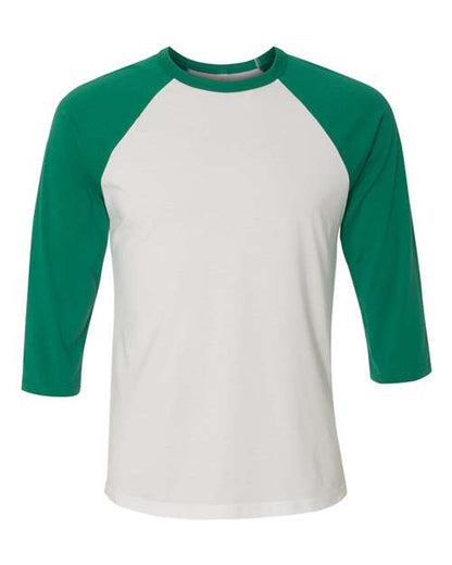 BELLA + CANVAS Three-Quarter Sleeve Baseball Tee 3200 White/ Denim Custom Embroidered Business Logo