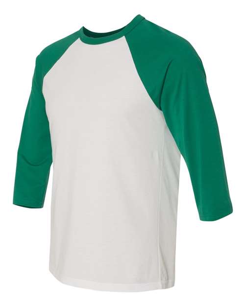 BELLA + CANVAS Three-Quarter Sleeve Baseball Tee 3200 White/ Denim Custom Embroidered Business Logo