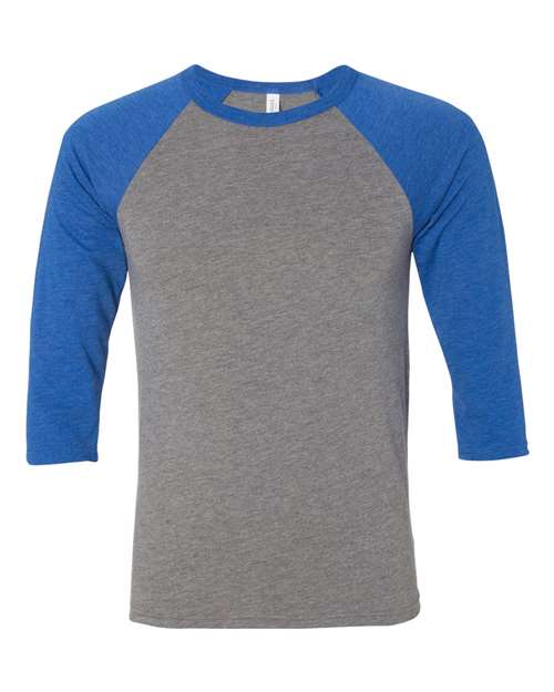BELLA + CANVAS Three-Quarter Sleeve Baseball Tee 3200 Grey/ True Royal Triblend Custom Embroidered Business Logo