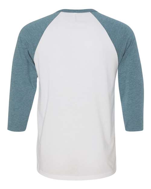 BELLA + CANVAS Three-Quarter Sleeve Baseball Tee 3200 White/ Denim Custom Embroidered Business Logo