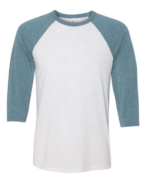 BELLA + CANVAS Three-Quarter Sleeve Baseball Tee 3200 White/ Denim Custom Embroidered Business Logo