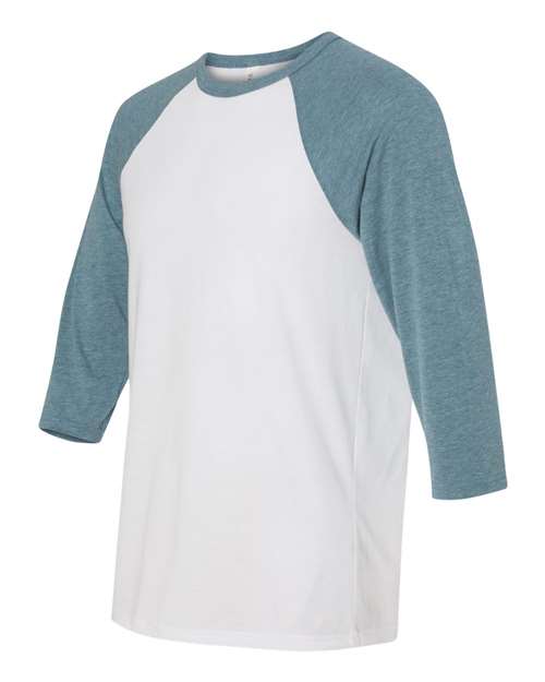 BELLA + CANVAS Three-Quarter Sleeve Baseball Tee 3200 White/ Denim Custom Embroidered Business Logo