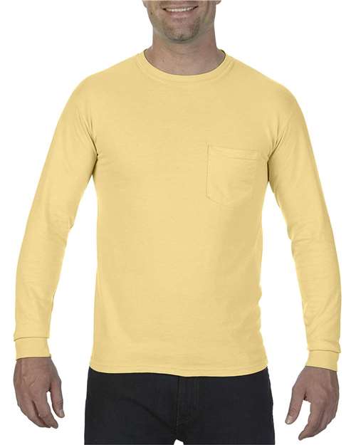 Comfort Colors Garment-Dyed Heavyweight Long Sleeve Pocket T-Shirt 4410 Butter Custom Embroidered Business Logo