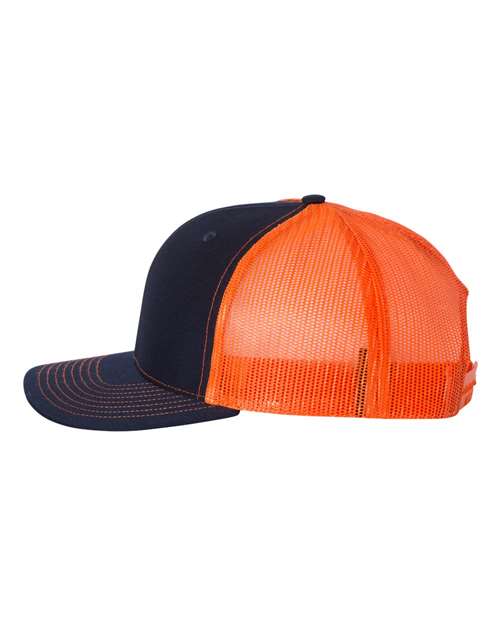 Richardson Snapback Trucker Cap 112 Navy/ Orange Custom Embroidered Business Logo