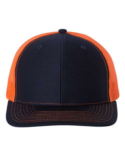 Richardson Snapback Trucker Cap 112 Navy/ Orange Custom Embroidered Business Logo