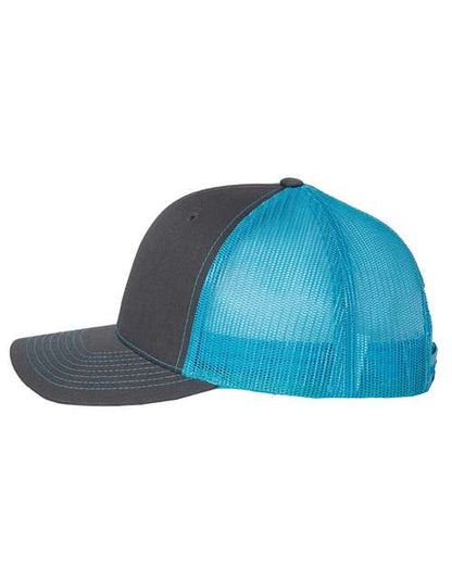 Richardson Snapback Trucker Cap 112 Charcoal/ Neon Blue Custom Embroidered Business Logo