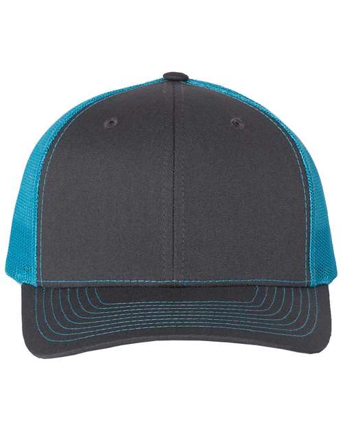 Richardson Snapback Trucker Cap 112 Charcoal/ Neon Blue Custom Embroidered Business Logo