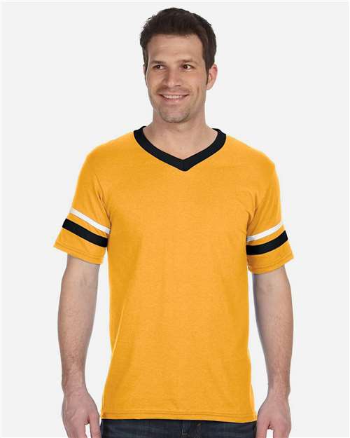 Augusta Sportswear V-Neck Jersey with Striped Sleeves 360 Gold/ Black/ White