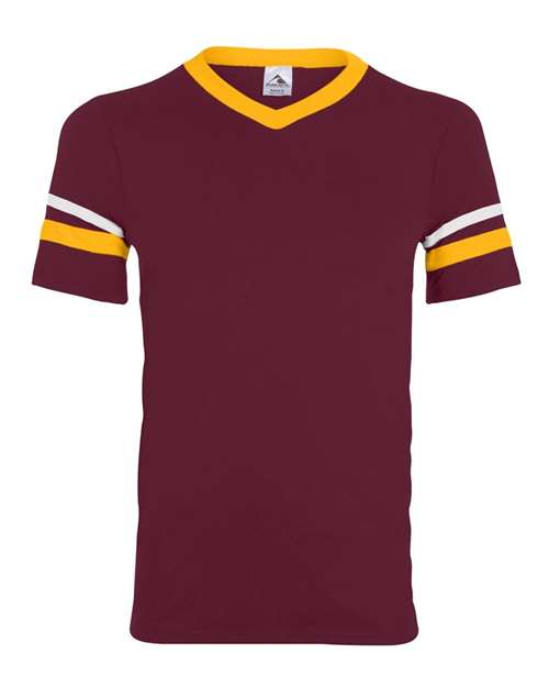 Augusta Sportswear V-Neck Jersey with Striped Sleeves 360 Maroon/ Gold/ White