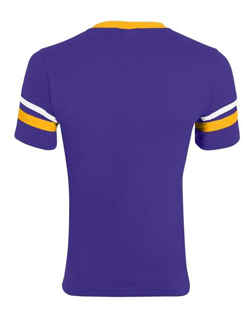 Augusta Sportswear V-Neck Jersey with Striped Sleeves 360 Purple/ Gold/ White