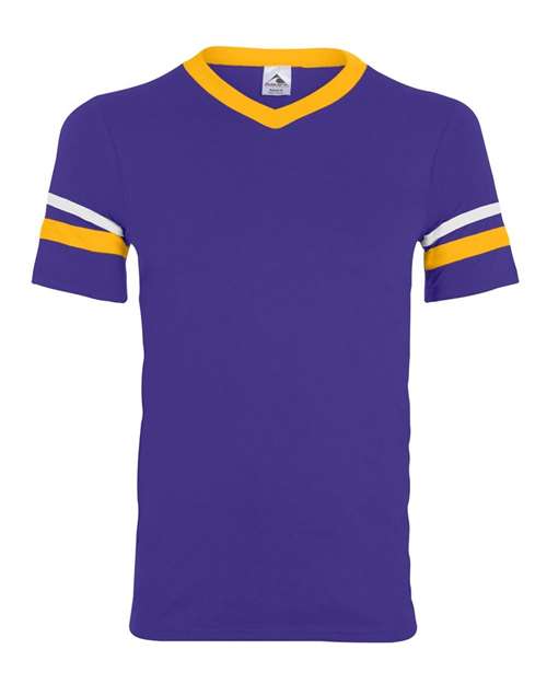 Augusta Sportswear V-Neck Jersey with Striped Sleeves 360 Purple/ Gold/ White