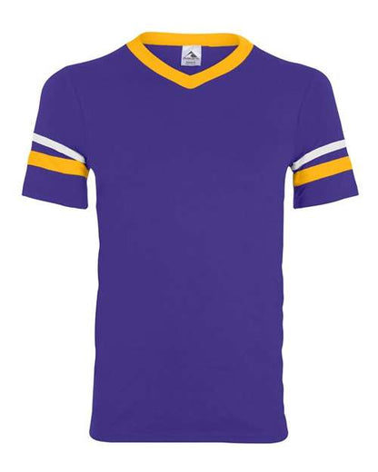 Augusta Sportswear V-Neck Jersey with Striped Sleeves 360 Purple/ Gold/ White