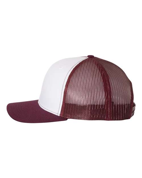 Richardson Snapback Trucker Cap 112 White/ Maroon Custom Embroidered Business Logo