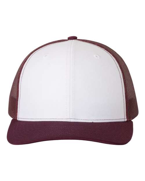 Richardson Snapback Trucker Cap 112 White/ Maroon Custom Embroidered Business Logo