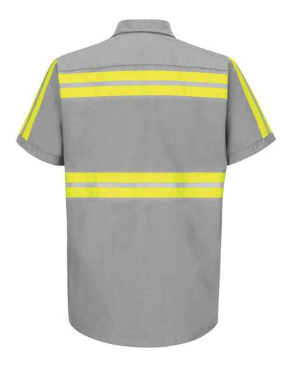 Custom EmbroideredRed Kap Men's Tall Enhanced Visibility Industrial Work Shirt 6150 Light Grey/ Yellow Trim