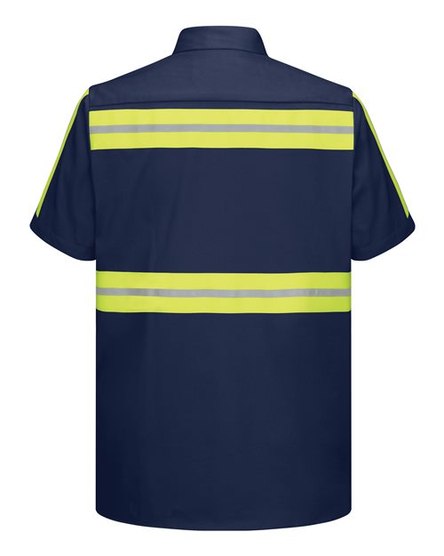 Custom EmbroideredRed Kap Men's Enhanced Visibility Short Sleeve Cotton Work Shirt 6322 Navy/ Yellow Trim