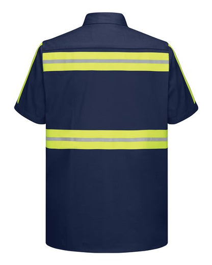 Custom EmbroideredRed Kap Men's Enhanced Visibility Short Sleeve Cotton Work Shirt 6322 Navy/ Yellow Trim