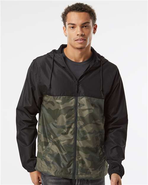 Independent Trading Co. Lightweight Windbreaker Full-Zip Jacket EXP54LWZ Black Camo Custom Embroidered Business Logo