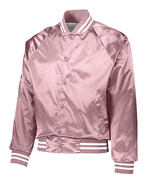 Custom EmbroideredAugusta Sportswear Unisex Satin Baseball Jacket Striped Trim 5208 Light Pink/ White