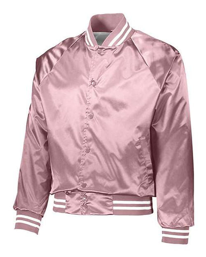 Custom EmbroideredAugusta Sportswear Unisex Satin Baseball Jacket Striped Trim 5208 Light Pink/ White