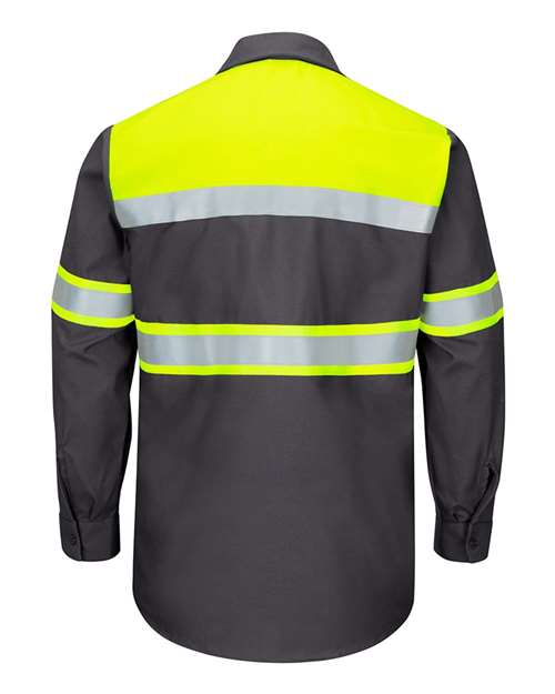 Custom EmbroideredRed Kap Men's Tall Hi-Visibility Colorblock Ripstop Long Sleeve Work Shirt 7423 Fluorescent Yellow/ Charcoal