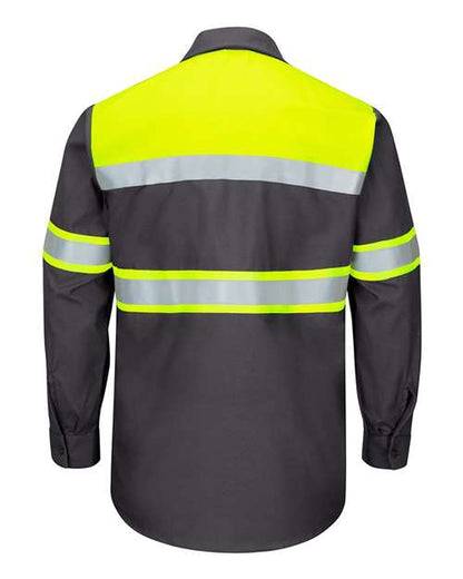 Custom EmbroideredRed Kap Men's Tall Hi-Visibility Colorblock Ripstop Long Sleeve Work Shirt 7423 Fluorescent Yellow/ Charcoal