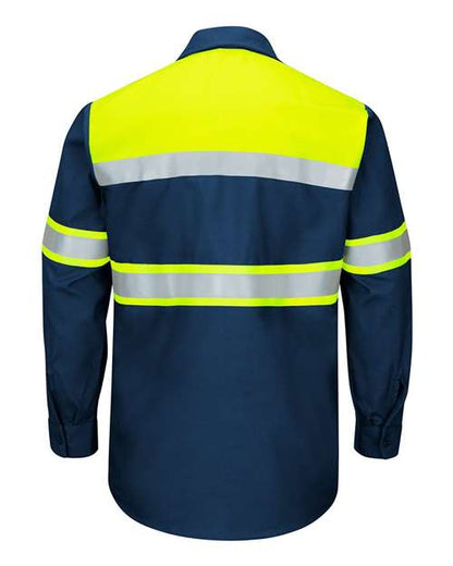 Custom EmbroideredRed Kap Men's Tall Hi-Visibility Colorblock Ripstop Long Sleeve Work Shirt 7423 Fluorescent Yellow/ Navy