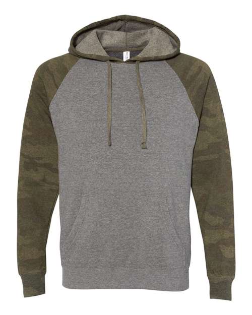 Independent Trading Co. Special Blend Raglan Hooded Sweatshirt PRM33SBP Nickel Heather/ Forest Camo