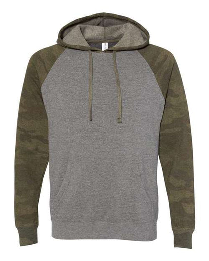Independent Trading Co. Special Blend Raglan Hooded Sweatshirt PRM33SBP Nickel Heather/ Forest Camo