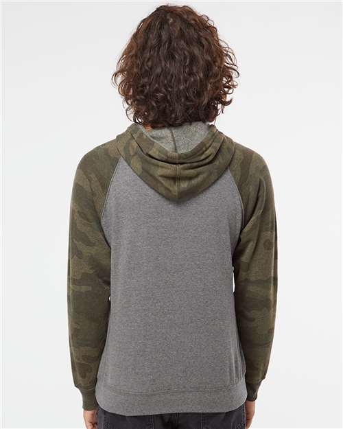 Independent Trading Co. Special Blend Raglan Hooded Sweatshirt PRM33SBP Nickel Heather/ Forest Camo