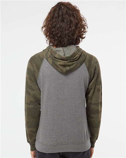 Independent Trading Co. Special Blend Raglan Hooded Sweatshirt PRM33SBP Nickel Heather/ Forest Camo
