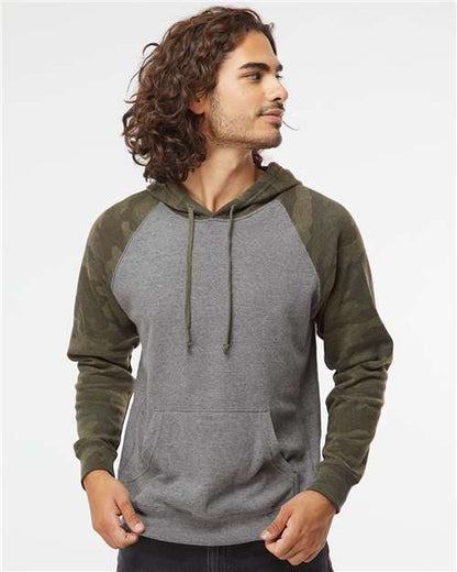Custom Embroidered  Independent Trading Co. Special Blend Raglan Hooded Sweatshirt PRM33SBP Nickel Heather/ Forest Camo