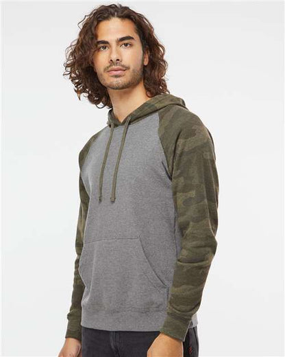 Independent Trading Co. Special Blend Raglan Hooded Sweatshirt PRM33SBP Nickel Heather/ Forest Camo