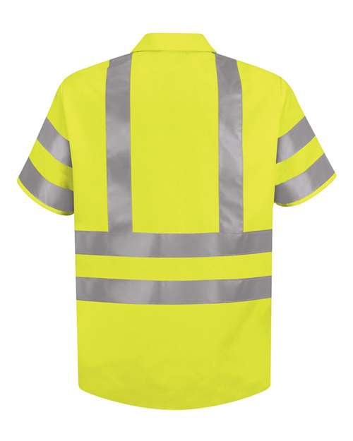 Custom EmbroideredRed Kap Men's Tall High Visibility Safety Short Sleeve Work Shirt 6304 AB-Fluorescent Yellow/ Green
