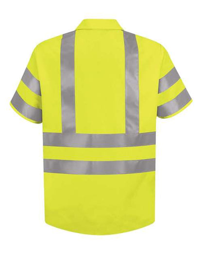 Custom EmbroideredRed Kap Men's Tall High Visibility Safety Short Sleeve Work Shirt 6304 AB-Fluorescent Yellow/ Green