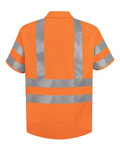 Custom EmbroideredRed Kap Men's Tall High Visibility Safety Short Sleeve Work Shirt 6304 OF-Fluorescent Orange