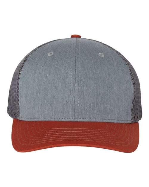 Richardson Snapback Trucker Cap 112 Heather Grey/ Charcoal/ Dark Orange Custom Embroidered Business Logo