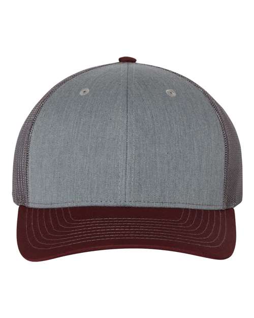 Richardson Snapback Trucker Cap 112 Heather Grey/ Charcoal/ Maroon Custom Embroidered Business Logo