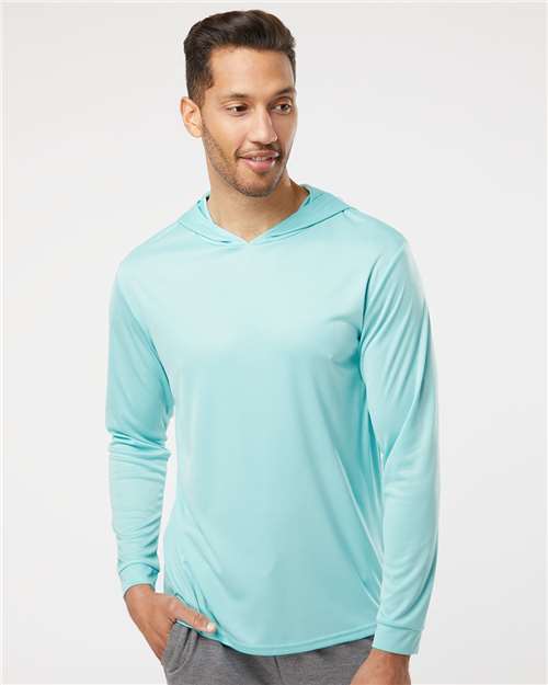 Custom Embroidered  Paragon Bahama Performance Hooded Long Sleeve T-Shirt 220 Aqua Blue