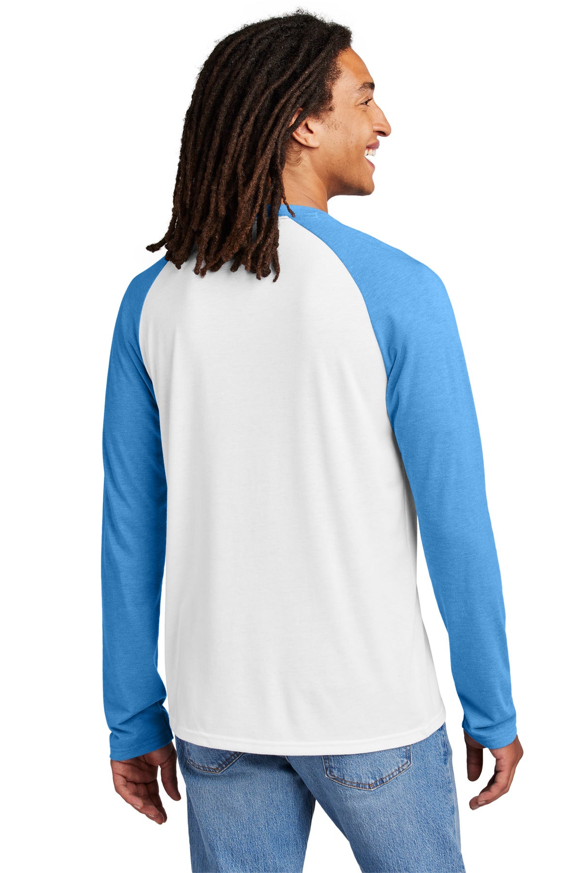 Custom Embroidered Allmade Unisex Tri-Blend Long Sleeve Colorblock Raglan AL6009,Azure Blue/ Bright White