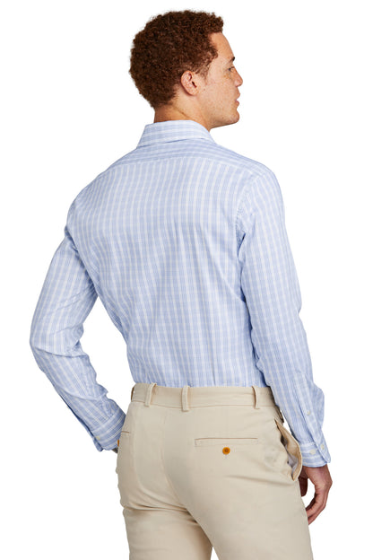 Custom Embroidered Brooks Brothers Tech Stretch Patterned Shirt BB18006,White/ Newport Blue Grid Check